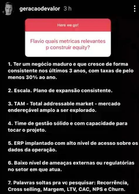 Flávio, quais métricas relevantes para construir equity?