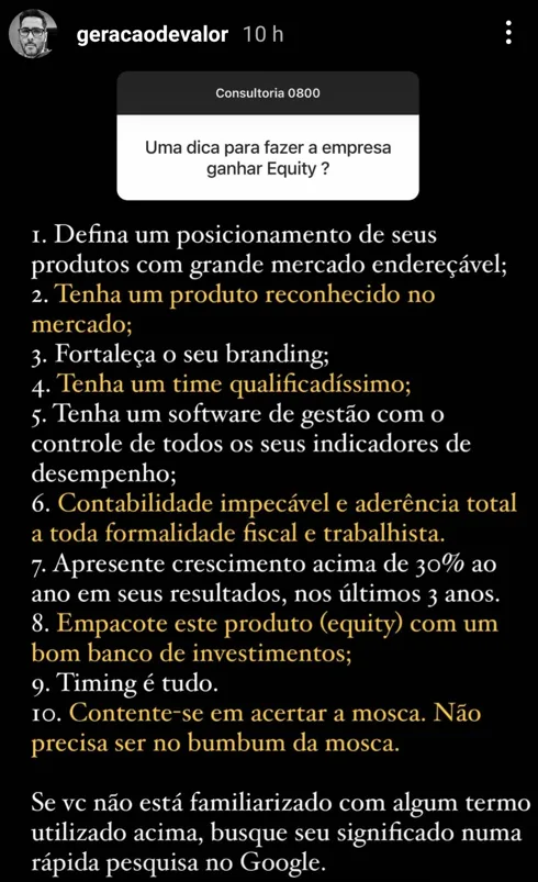 Uma dica para fazer a empresa ganhar Equity ?