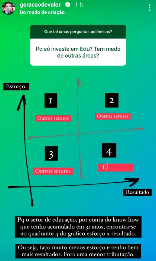 Pq só investe em Edu? Tem medo de outras áreas ?