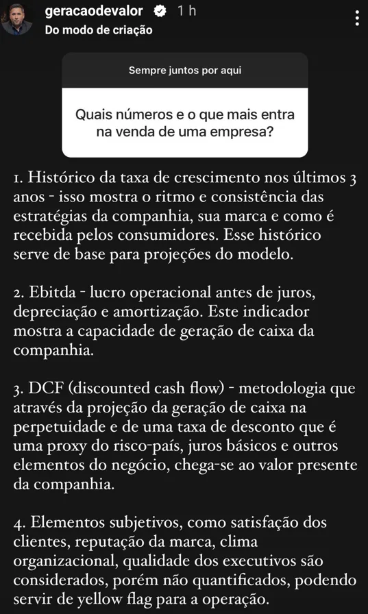 Quais números e o que mais entra na venda de uma empresa?