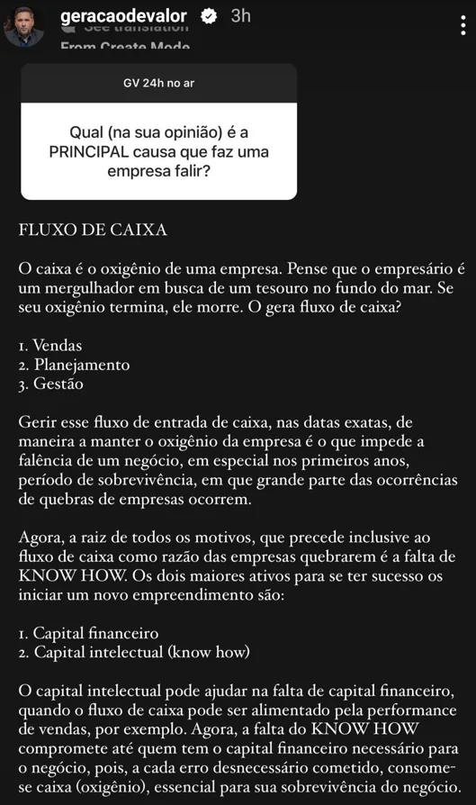 Qual (na sua opinião) é a PRINCIPAL causa que faz uma empresa falir?