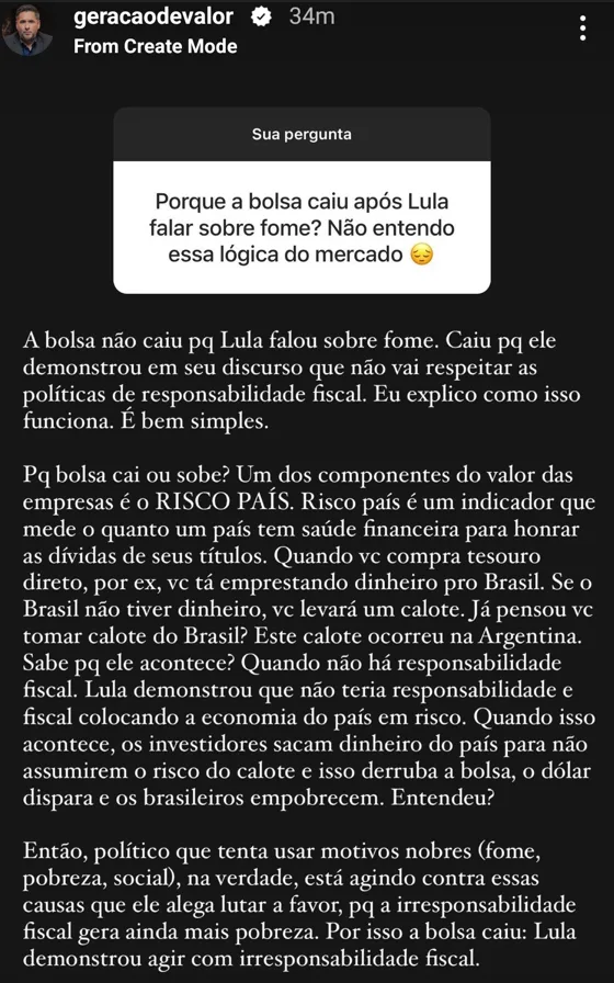 Porque a bolsa caiu após Lula falar sobre fome? Não entendo essa lógica do mercado