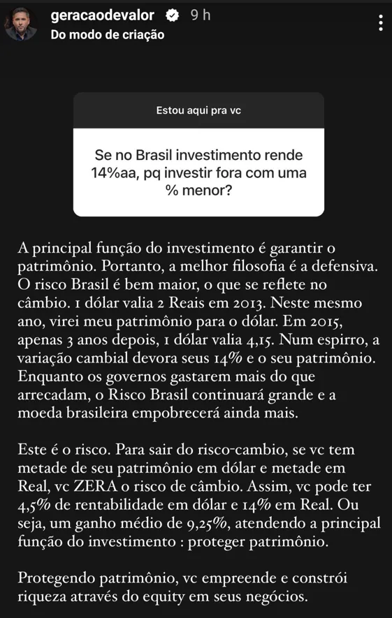 Se no Brasil investimento rende 14%aa, pq investir fora com uma % menor?