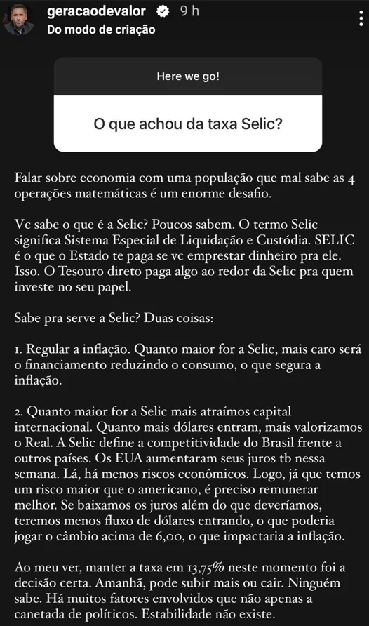 O que achou da taxa Selic?
