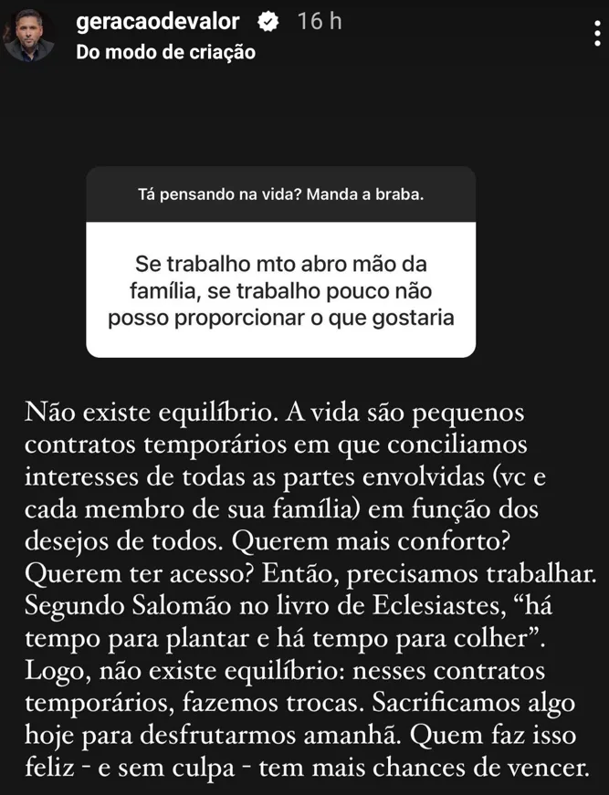 Se trabalho mt abro mão da família, se trabalho pouco não posso proporcionar o que gostaria