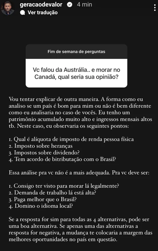 Vc falou da Austrália.. e morar no Canadá, qual seria sua opinião?