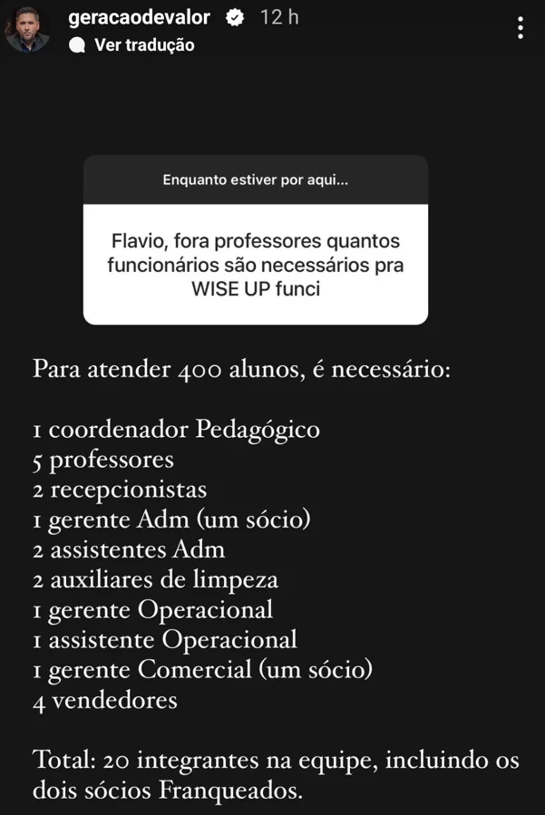 Flavio, fora professores quantos funcionários são necessários pra WISE UP funcionar
