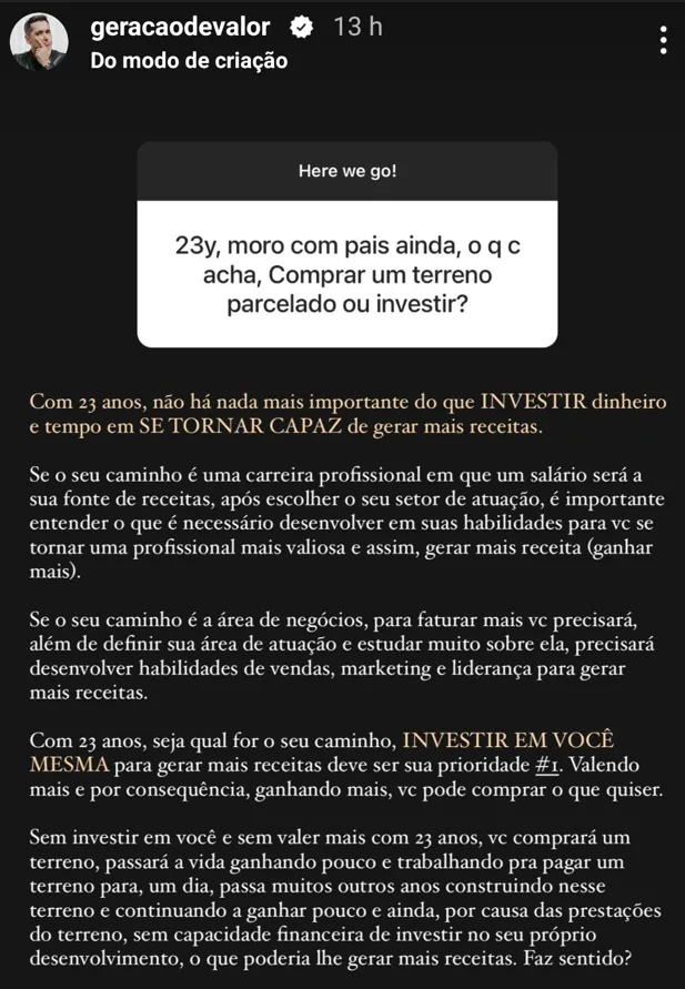 23y, moro com pais ainda, o q c acha, Comprar um terreno parcelado ou investir?