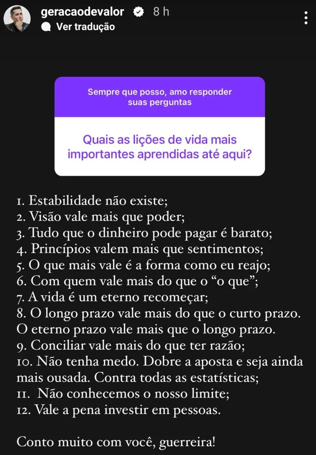 Quais lições de vida mais importantes aprendidas até aqui ?
