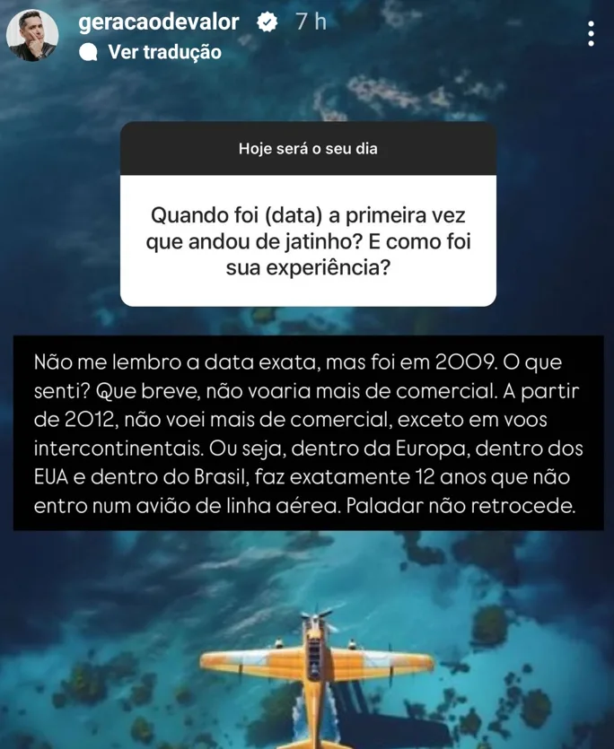 Quando foi (data) a primeira vez que andou de jatinho? E como foi sua experiência?