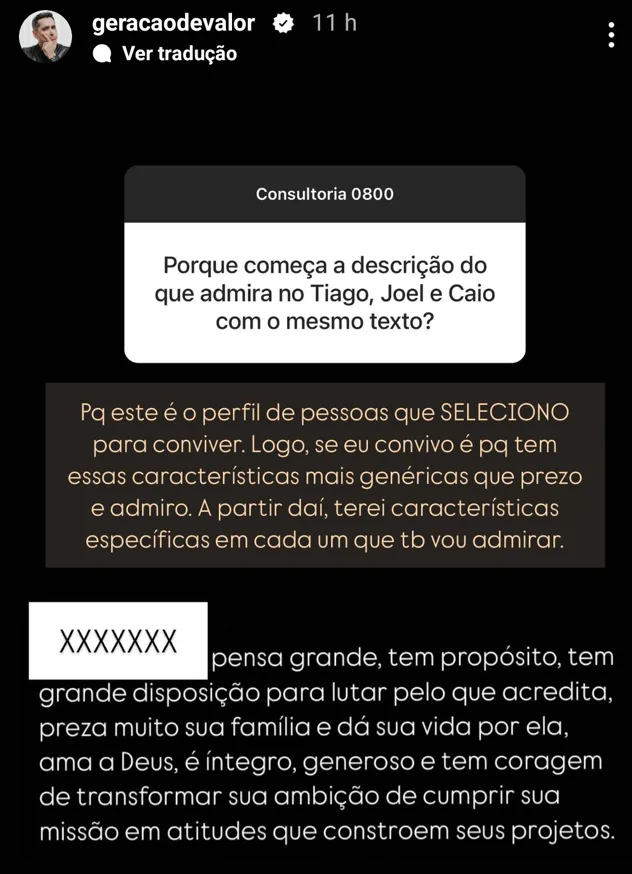 Porque começa a descrição do que admira no Tiago, Joel e Caio com o mesmo texto?