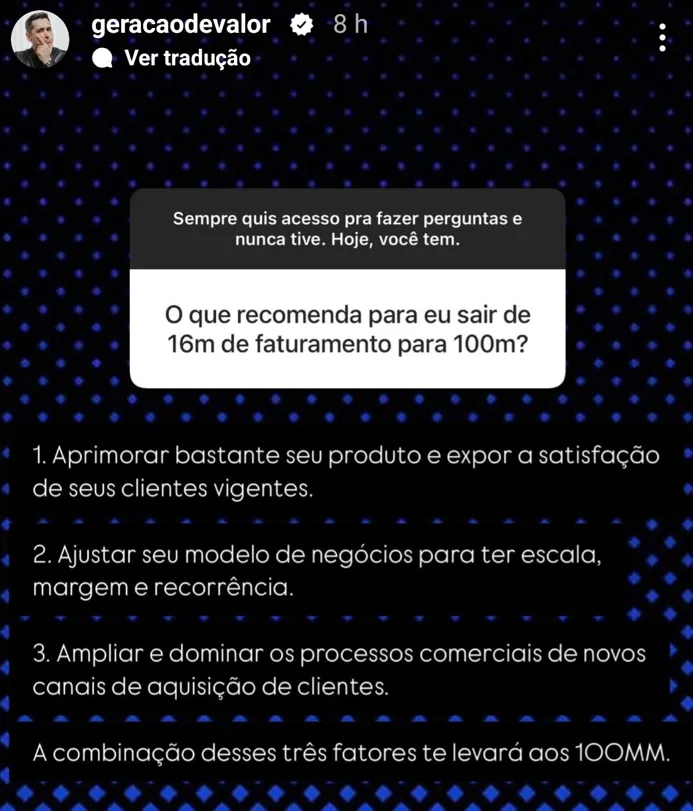 O que recomenda para eu sair de 16m de faturamento para 100m