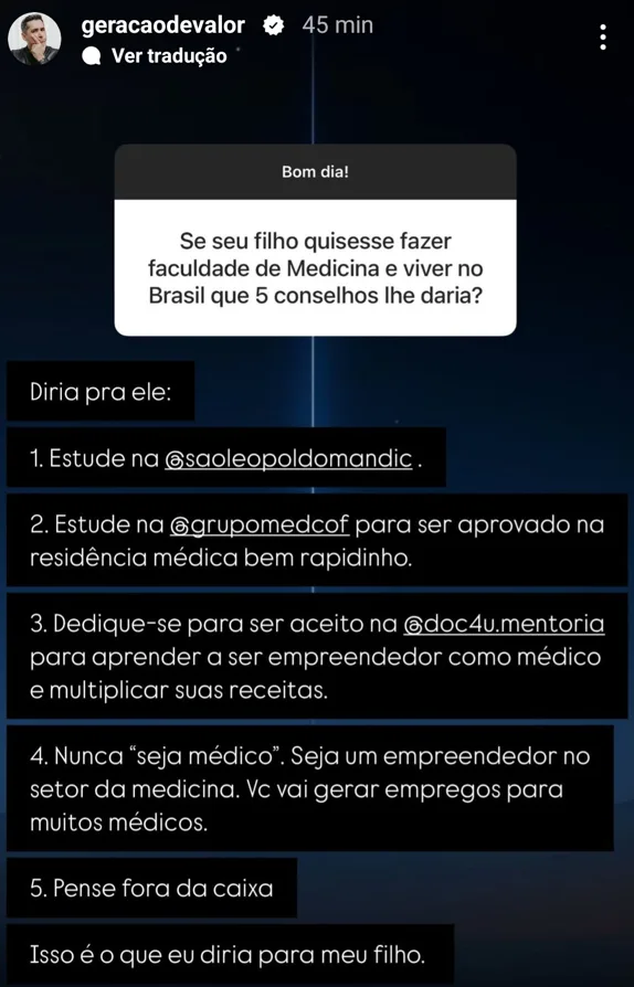 Se seu filho quisesse fazer faculdade de Medicina e viver no Brasil que 5 conselhos lhe daria?