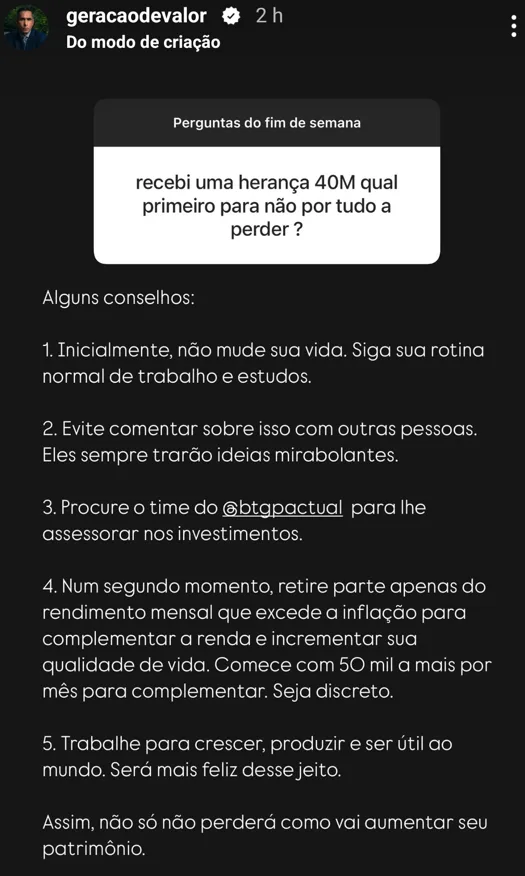 recebi uma herança 40M qual primeiro para não por tudo a perder ?