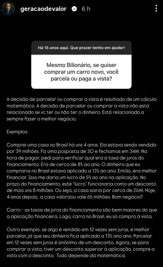 Mesmo Bilionario, se quiser comprar um carro novo, vocé parcela ou paga a vista?