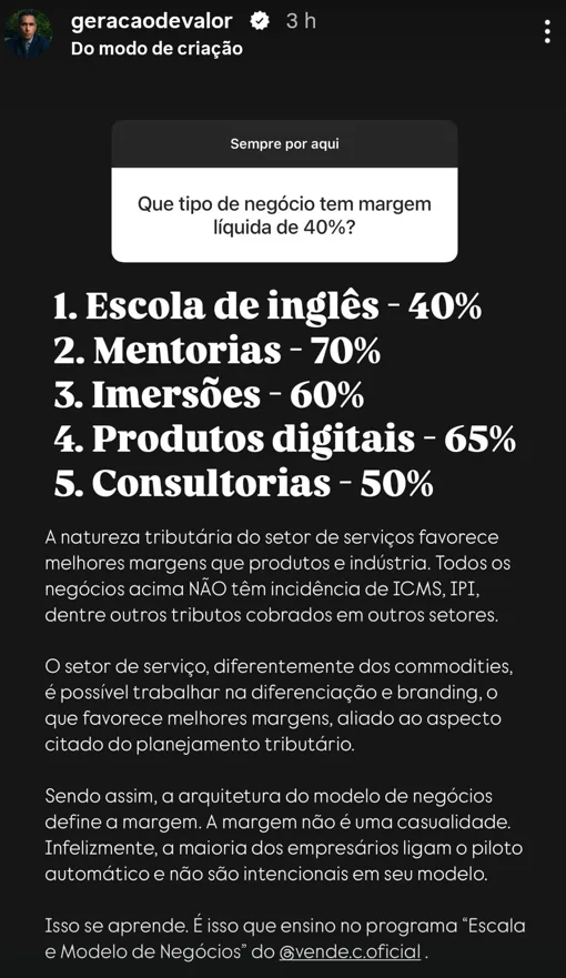 Que tipo de negócio tem margem liquida de 40%?