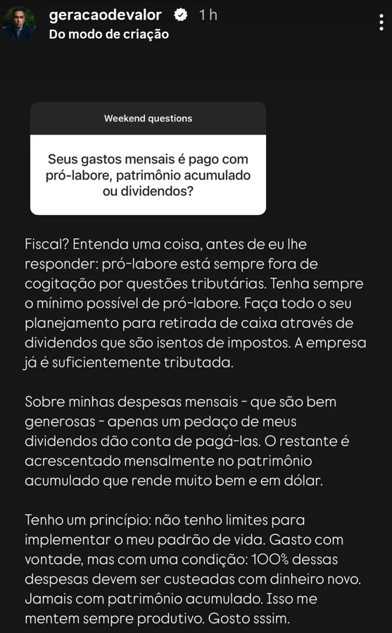 Seus gastos mensais é pago com pró-labore, patrimônio acumulado ou dividendos?