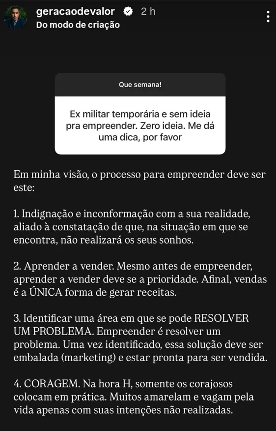Ex militar temporária e sem ideia pra empreender. Zero ideia. Me dá uma dica, por favor