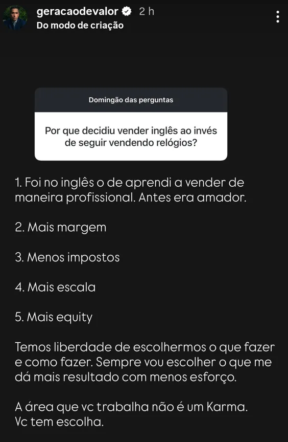 Por que decidiu vender inglês ao invés de seguir vendendo relógios?