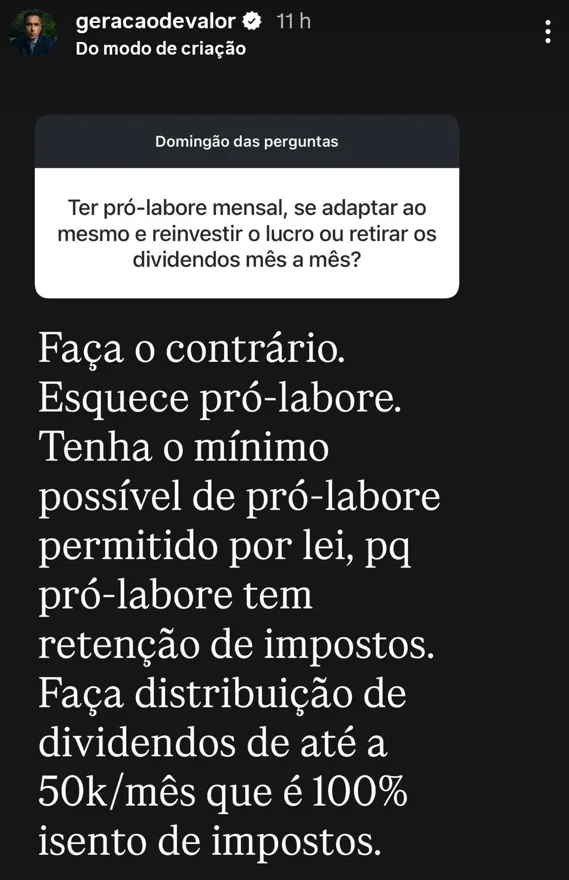 Ter pró-labore mensal, se adaptar ao mesmo e reinvestir o lucro ou retirar os dividendos mês a mês?