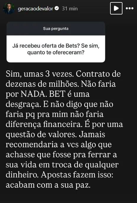 Já recebeu oferta de Bets? Se sim, quanto te ofereceram?