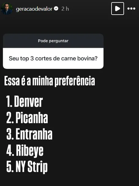 Seu top 3 cortes de carne bovina?