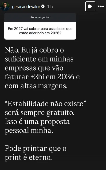 Em 2027 vai cobrar para essa base que estão aderindo em 2026?