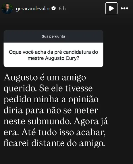 Oque você acha da pré candidatura do mestre Augusto Cury?