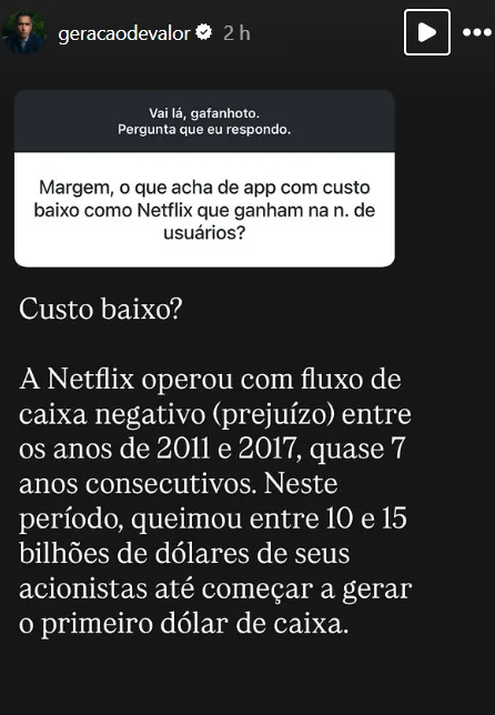 Margem, o que acha de app com custo baixo como Netflix que ganham na n. de usuários?