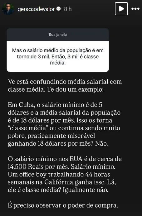 Mas o salário médio da população é em torno de 3 mil. Então, 3 mil é classe média.