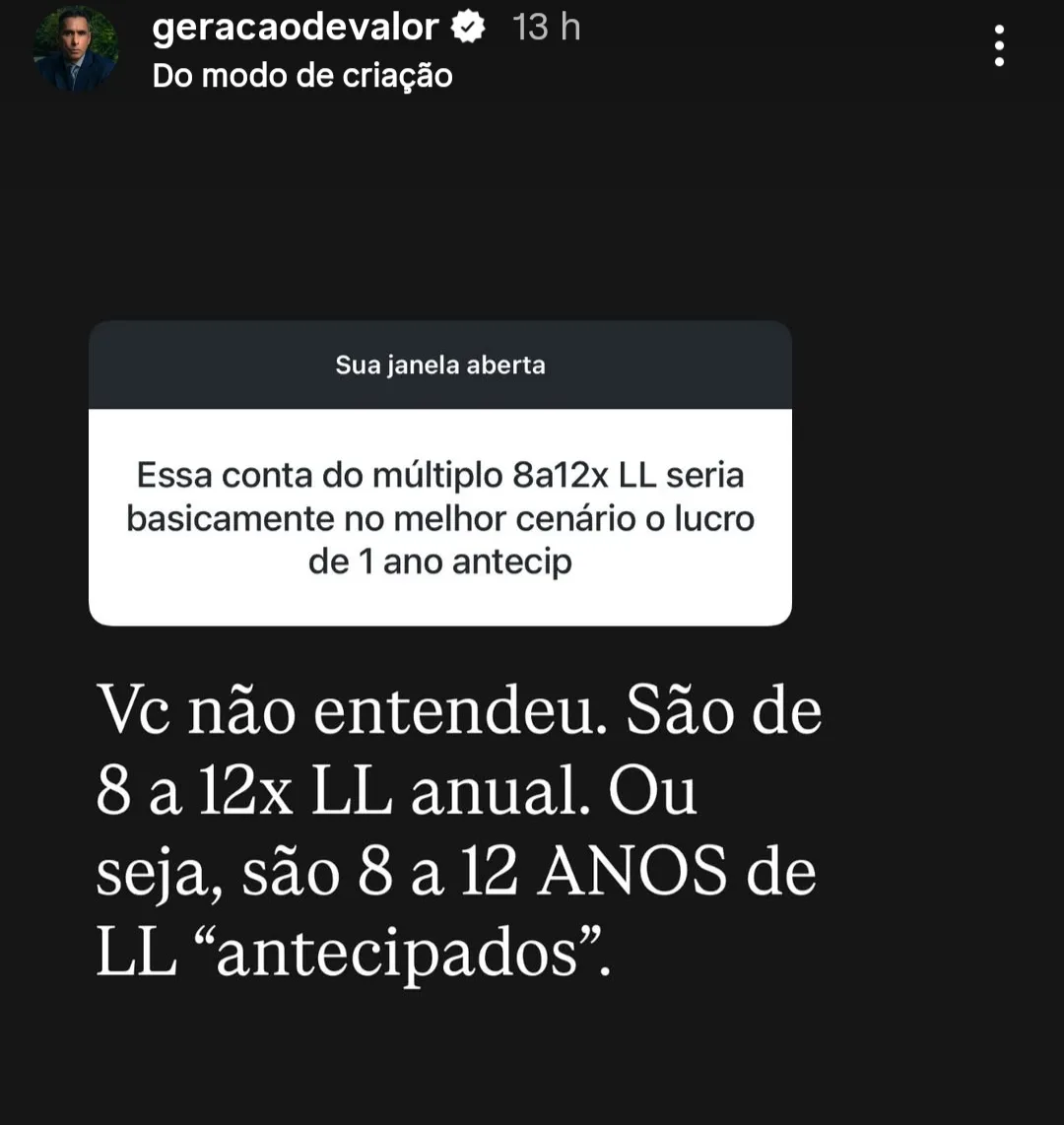 Essa conta do múltiplo 8a12x LL seria basicamente no melhor cenário o lucro de 1 ano antecipado ?