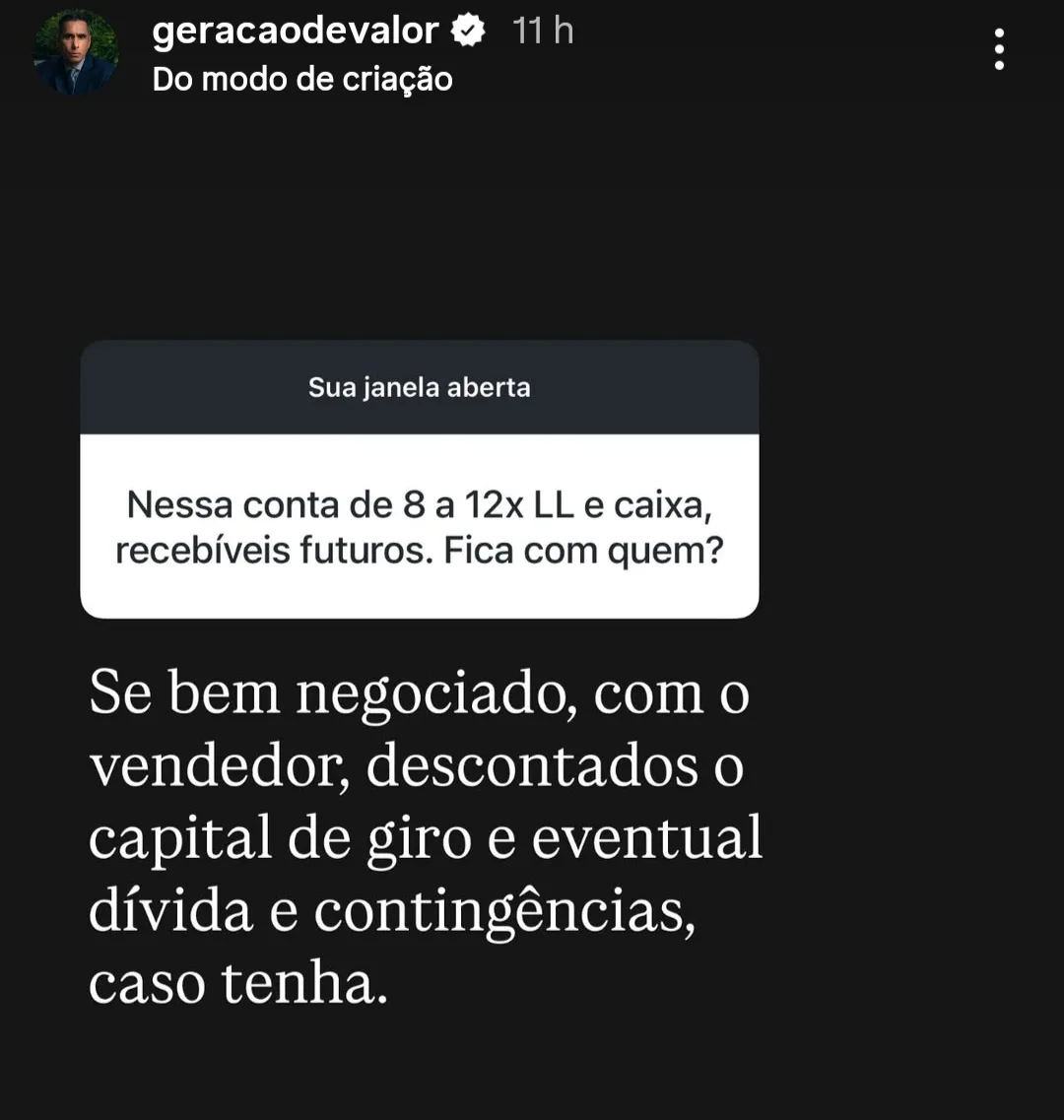 Nessa conta de 8 a 12x LL e caixa, recebíveis futuros. Fica com quem?