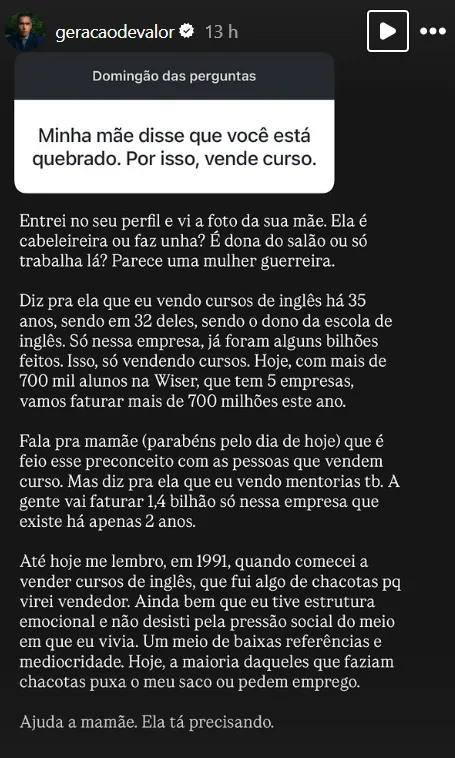 Minha mãe disse que você está quebrado. Por isso, vende curso.