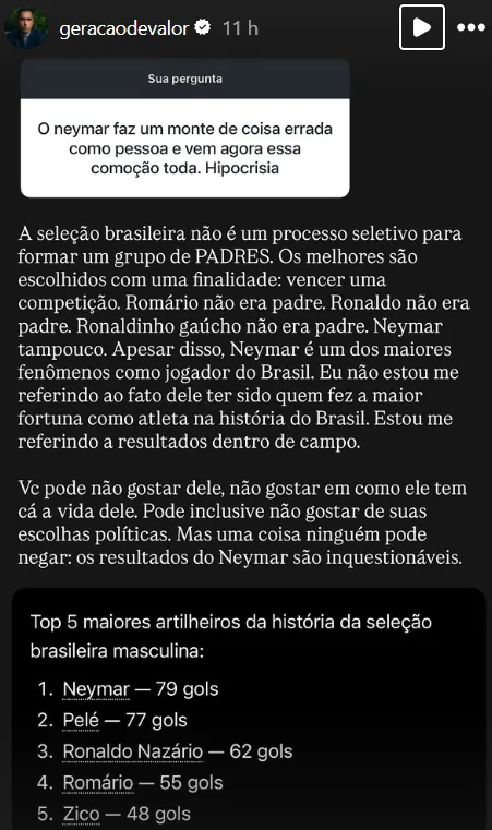 O Neymar faz um monte de coisa errada como pessoa e vem agora essa comoção toda. Hipocrisia