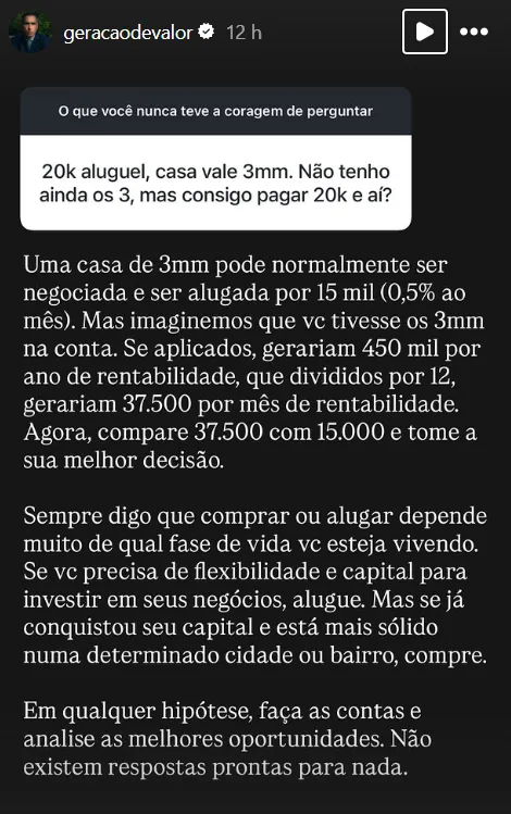 20k aluguel, casa vale 3mm. Não tenho ainda os 3, mas consigo pagar 20k e ai?