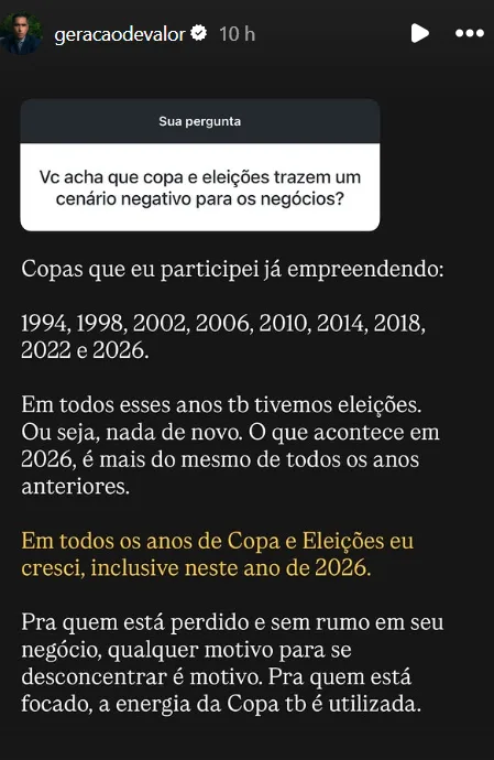 Vc acha que copa e eleições trazem um cenário negativo para os negócios?