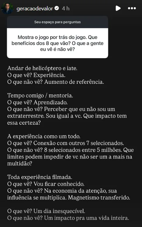 Mostra o jogo por trás do jogo. Que benefícios dos 8 que vão? O que a gente eu vê é não vê?