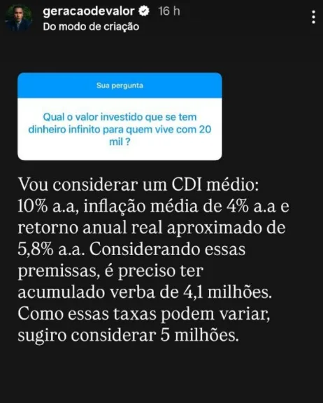 Qual o valor investido que se tem dinheiro infinito para quem vive com 20 mil?