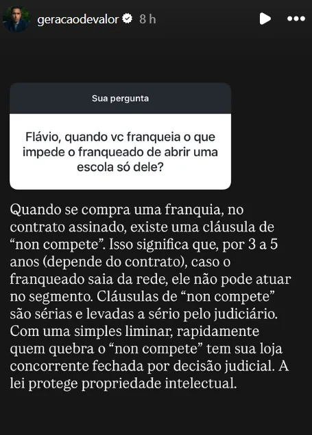 Flávio, quando vc franqueia o que impede o franqueado de abrir uma escola só dele?