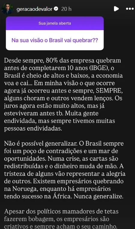 Na sua visão o Brasil vai quebrar??