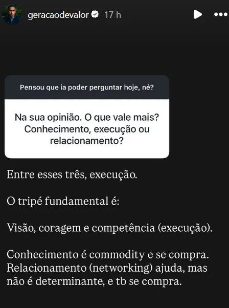 Na sua opinião. O que vale mais? Conhecimento, execução ou relacionamento?
